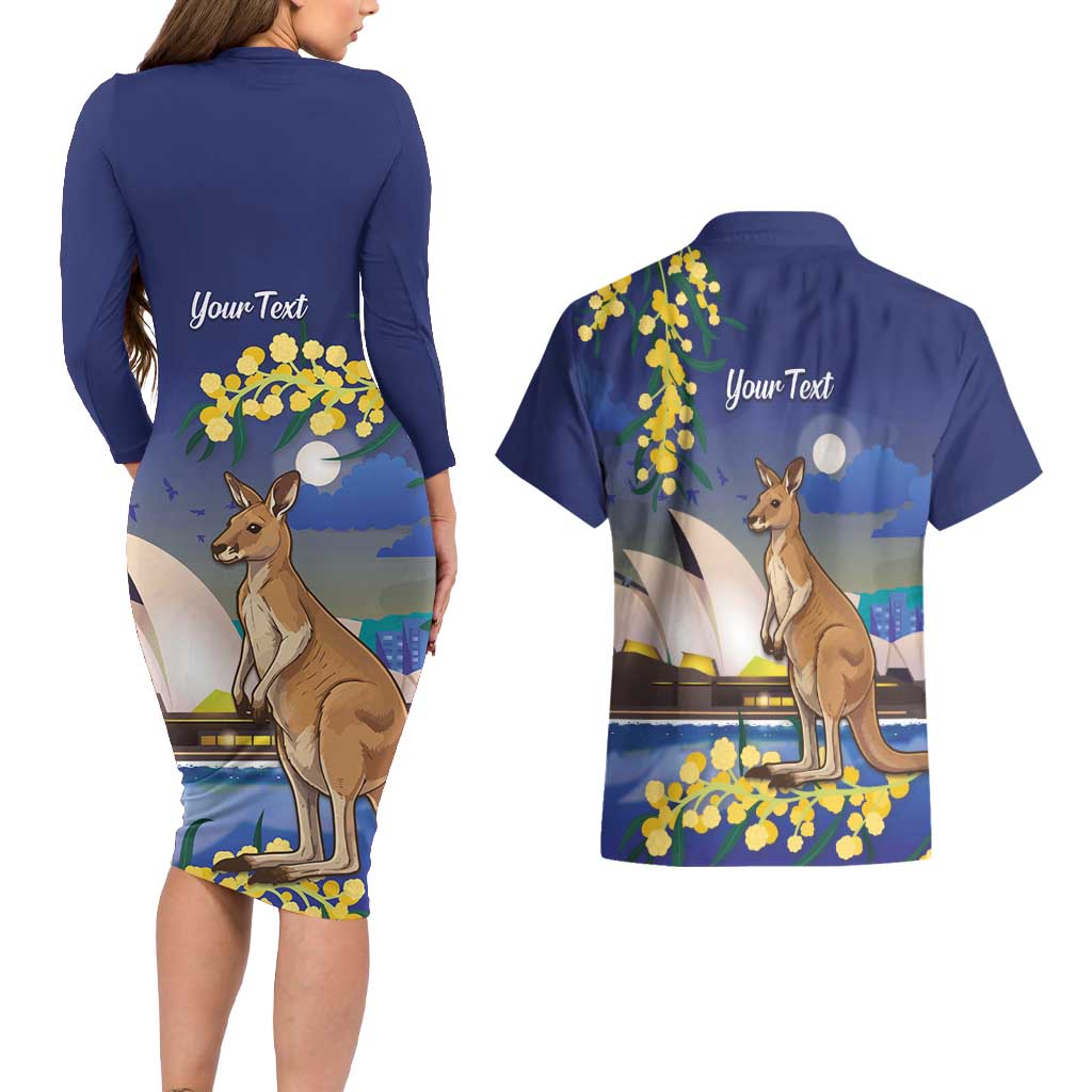 Kangaroo Australia Personalised Couples Matching Long Sleeve Bodycon Dress and Hawaiian Shirt Aussie Pride Golden Wattle Sydney Opera House