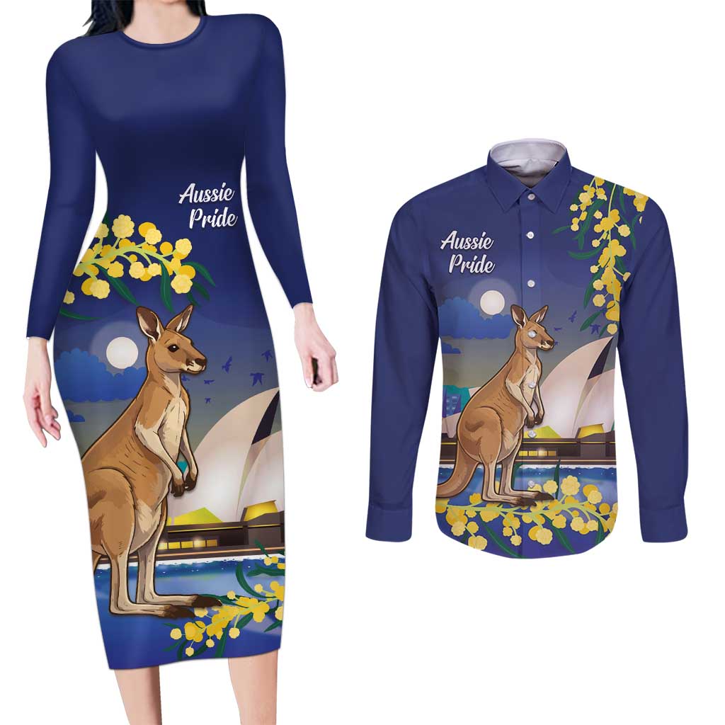 Kangaroo Australia Personalised Couples Matching Long Sleeve Bodycon Dress and Long Sleeve Button Shirt Aussie Pride Golden Wattle Sydney Opera House