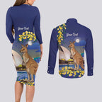 Kangaroo Australia Personalised Couples Matching Long Sleeve Bodycon Dress and Long Sleeve Button Shirt Aussie Pride Golden Wattle Sydney Opera House
