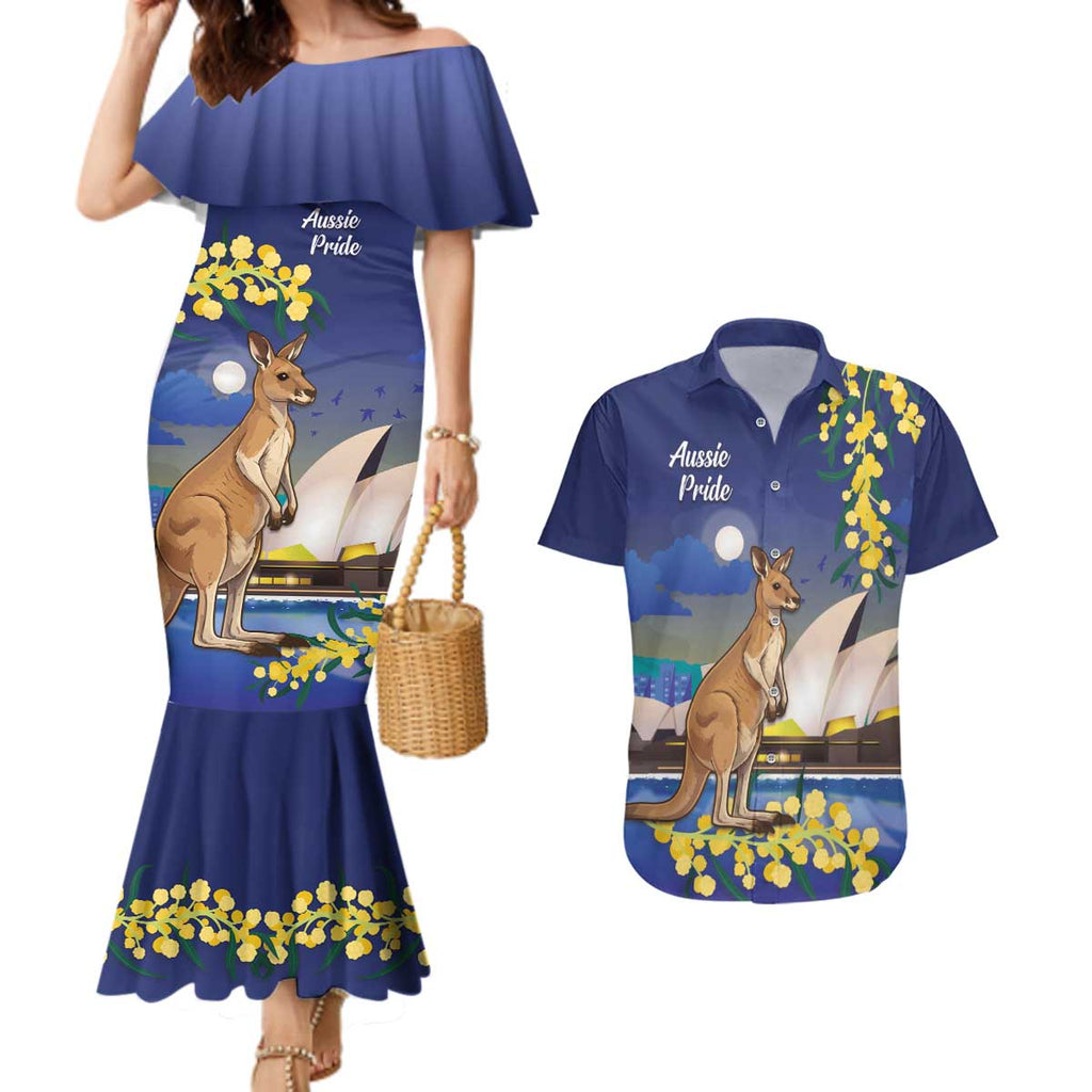 Kangaroo Australia Personalised Couples Matching Mermaid Dress and Hawaiian Shirt Aussie Pride Golden Wattle Sydney Opera House