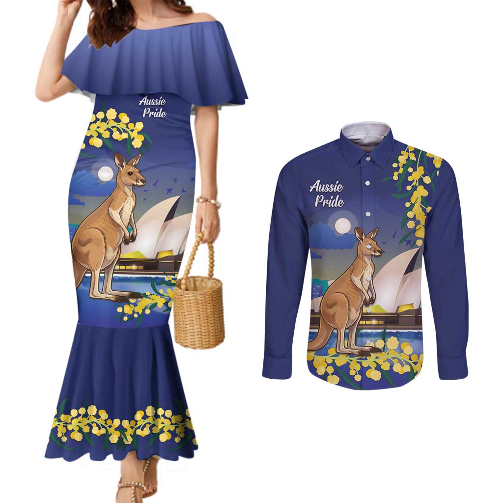Kangaroo Australia Personalised Couples Matching Mermaid Dress and Long Sleeve Button Shirt Aussie Pride Golden Wattle Sydney Opera House