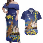 Kangaroo Australia Personalised Couples Matching Off Shoulder Maxi Dress and Hawaiian Shirt Aussie Pride Golden Wattle Sydney Opera House