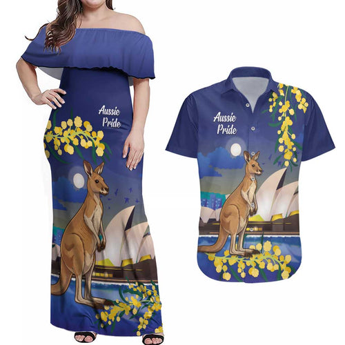 Kangaroo Australia Personalised Couples Matching Off Shoulder Maxi Dress and Hawaiian Shirt Aussie Pride Golden Wattle Sydney Opera House