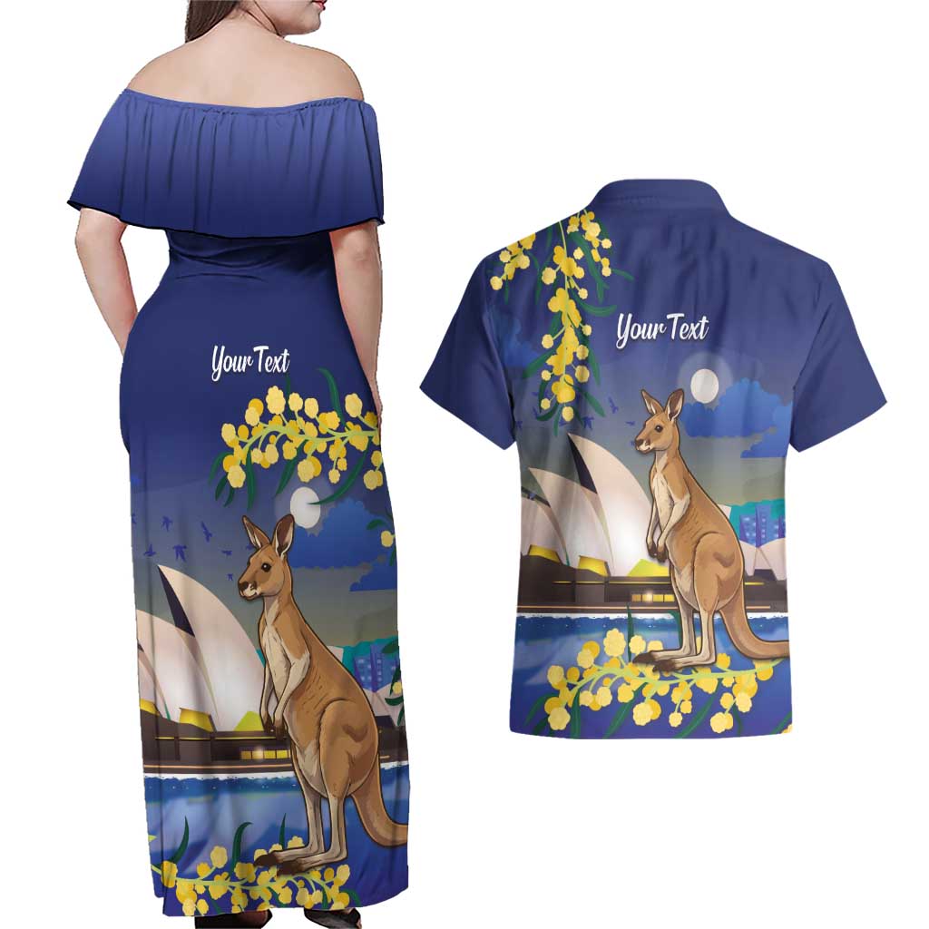 Kangaroo Australia Personalised Couples Matching Off Shoulder Maxi Dress and Hawaiian Shirt Aussie Pride Golden Wattle Sydney Opera House