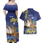 Kangaroo Australia Personalised Couples Matching Off Shoulder Maxi Dress and Hawaiian Shirt Aussie Pride Golden Wattle Sydney Opera House