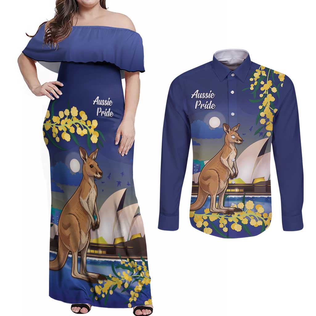 Kangaroo Australia Personalised Couples Matching Off Shoulder Maxi Dress and Long Sleeve Button Shirt Aussie Pride Golden Wattle Sydney Opera House