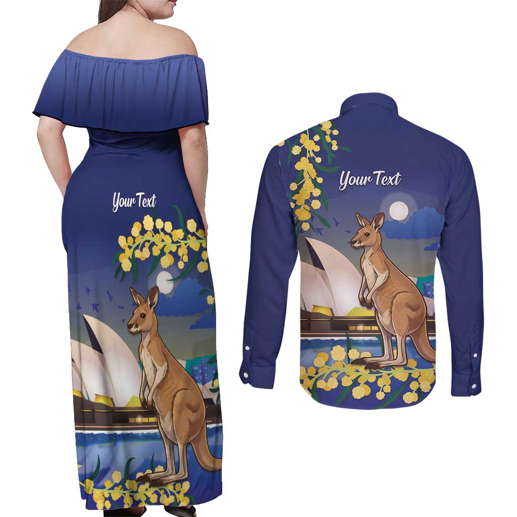 Kangaroo Australia Personalised Couples Matching Off Shoulder Maxi Dress and Long Sleeve Button Shirt Aussie Pride Golden Wattle Sydney Opera House