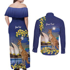 Kangaroo Australia Personalised Couples Matching Off Shoulder Maxi Dress and Long Sleeve Button Shirt Aussie Pride Golden Wattle Sydney Opera House