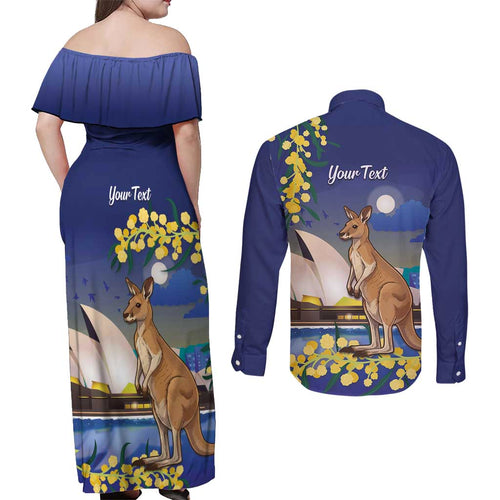 Kangaroo Australia Personalised Couples Matching Off Shoulder Maxi Dress and Long Sleeve Button Shirt Aussie Pride Golden Wattle Sydney Opera House