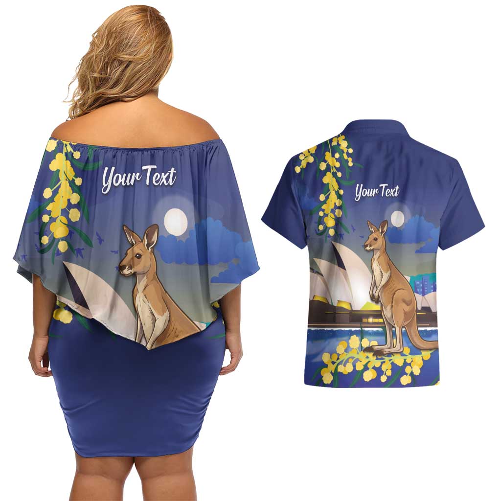 Kangaroo Australia Personalised Couples Matching Off Shoulder Short Dress and Hawaiian Shirt Aussie Pride Golden Wattle Sydney Opera House