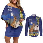 Kangaroo Australia Personalised Couples Matching Off Shoulder Short Dress and Long Sleeve Button Shirt Aussie Pride Golden Wattle Sydney Opera House