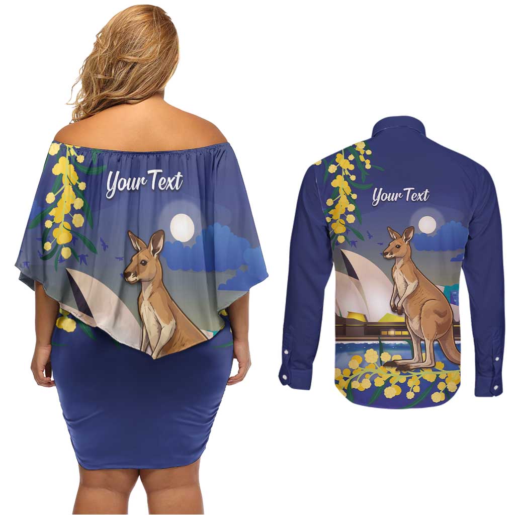 Kangaroo Australia Personalised Couples Matching Off Shoulder Short Dress and Long Sleeve Button Shirt Aussie Pride Golden Wattle Sydney Opera House