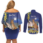 Kangaroo Australia Personalised Couples Matching Off Shoulder Short Dress and Long Sleeve Button Shirt Aussie Pride Golden Wattle Sydney Opera House