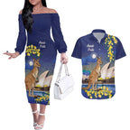 Kangaroo Australia Personalised Couples Matching Off The Shoulder Long Sleeve Dress and Hawaiian Shirt Aussie Pride Golden Wattle Sydney Opera House