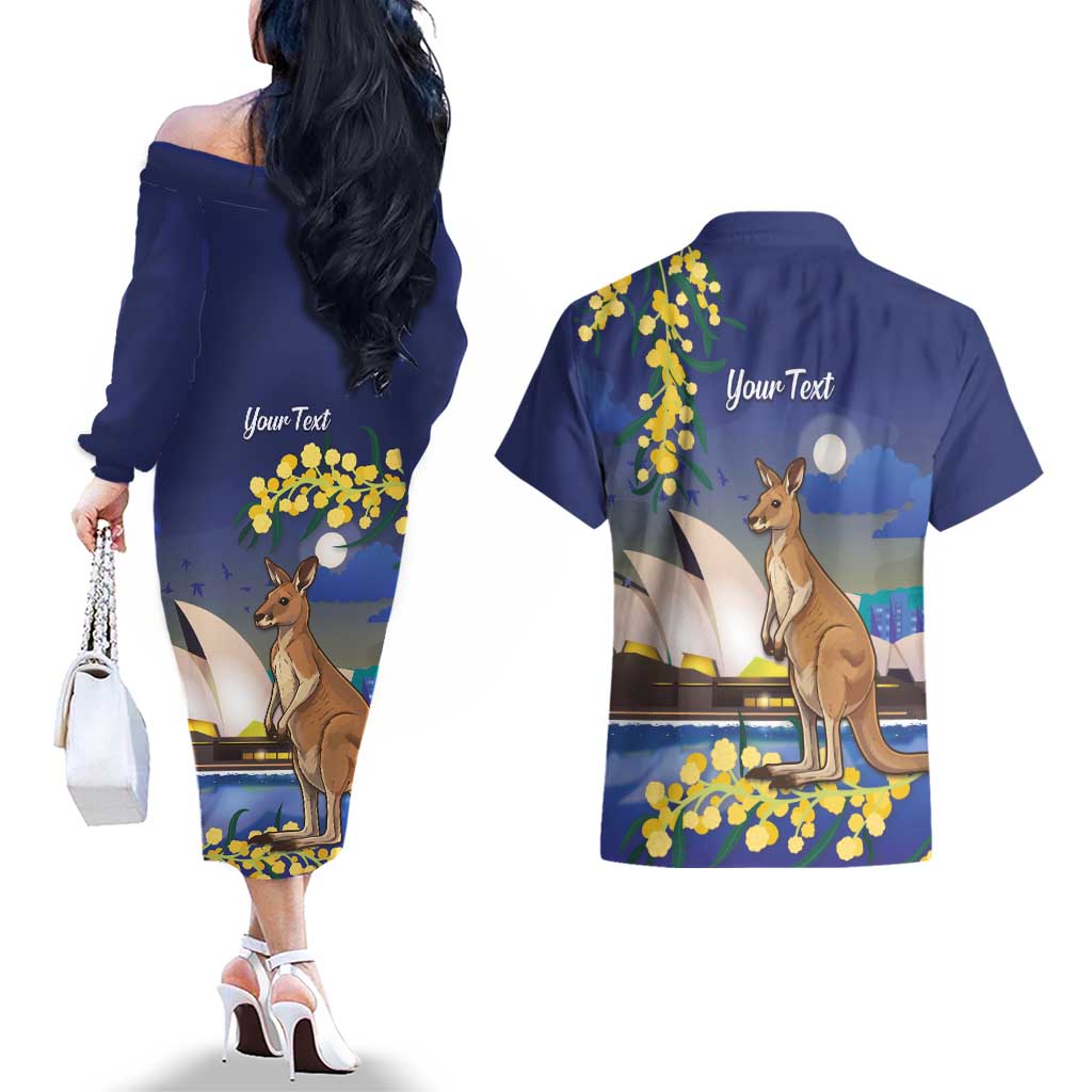 Kangaroo Australia Personalised Couples Matching Off The Shoulder Long Sleeve Dress and Hawaiian Shirt Aussie Pride Golden Wattle Sydney Opera House