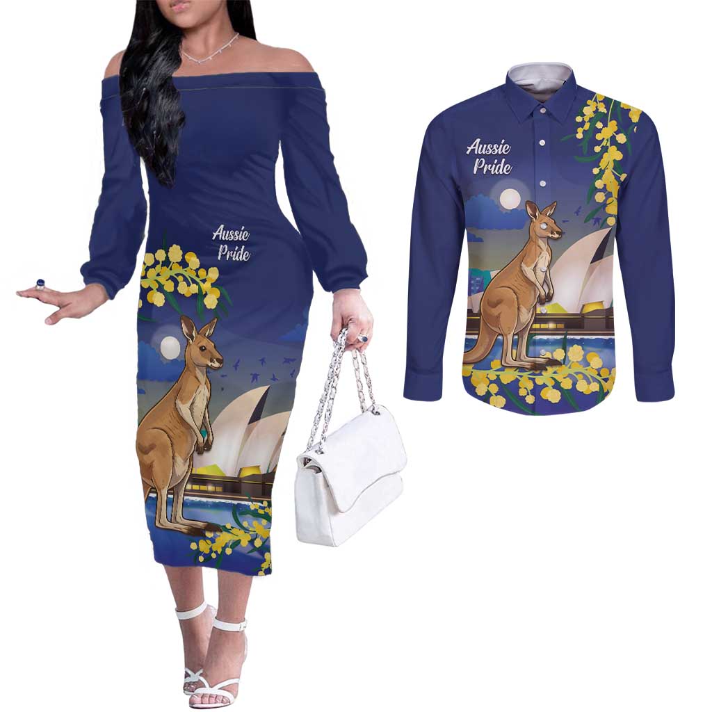 Kangaroo Australia Personalised Couples Matching Off The Shoulder Long Sleeve Dress and Long Sleeve Button Shirt Aussie Pride Golden Wattle Sydney Opera House