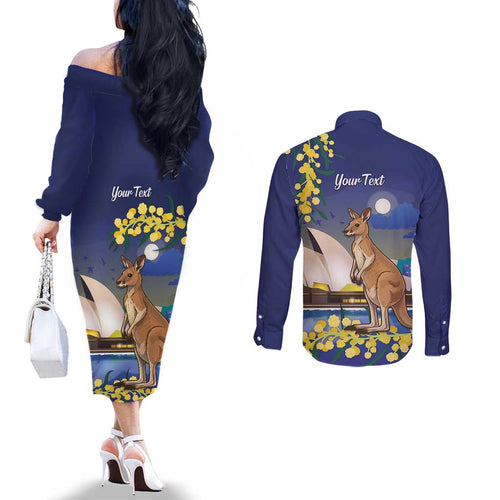 Kangaroo Australia Personalised Couples Matching Off The Shoulder Long Sleeve Dress and Long Sleeve Button Shirt Aussie Pride Golden Wattle Sydney Opera House