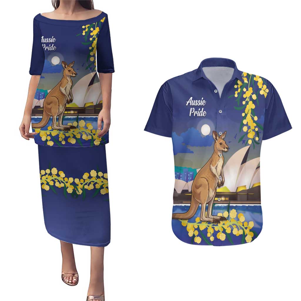 Kangaroo Australia Personalised Couples Matching Puletasi and Hawaiian Shirt Aussie Pride Golden Wattle Sydney Opera House