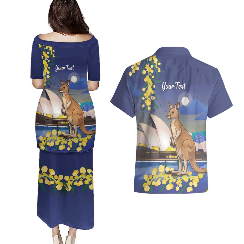 Kangaroo Australia Personalised Couples Matching Puletasi and Hawaiian Shirt Aussie Pride Golden Wattle Sydney Opera House