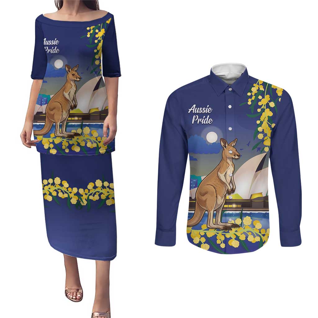 Kangaroo Australia Personalised Couples Matching Puletasi and Long Sleeve Button Shirt Aussie Pride Golden Wattle Sydney Opera House