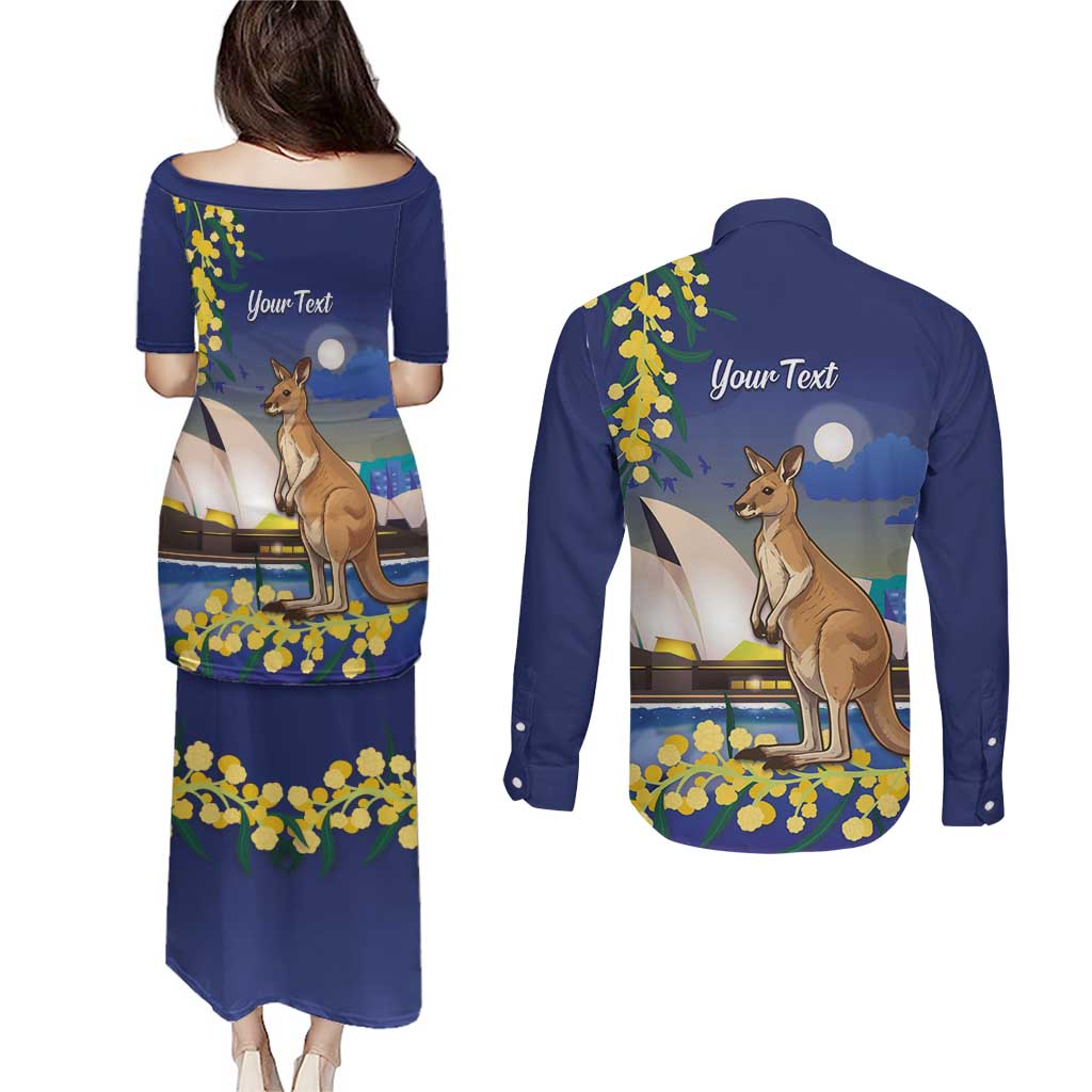Kangaroo Australia Personalised Couples Matching Puletasi and Long Sleeve Button Shirt Aussie Pride Golden Wattle Sydney Opera House
