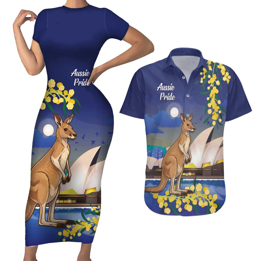 Kangaroo Australia Personalised Couples Matching Short Sleeve Bodycon Dress and Hawaiian Shirt Aussie Pride Golden Wattle Sydney Opera House