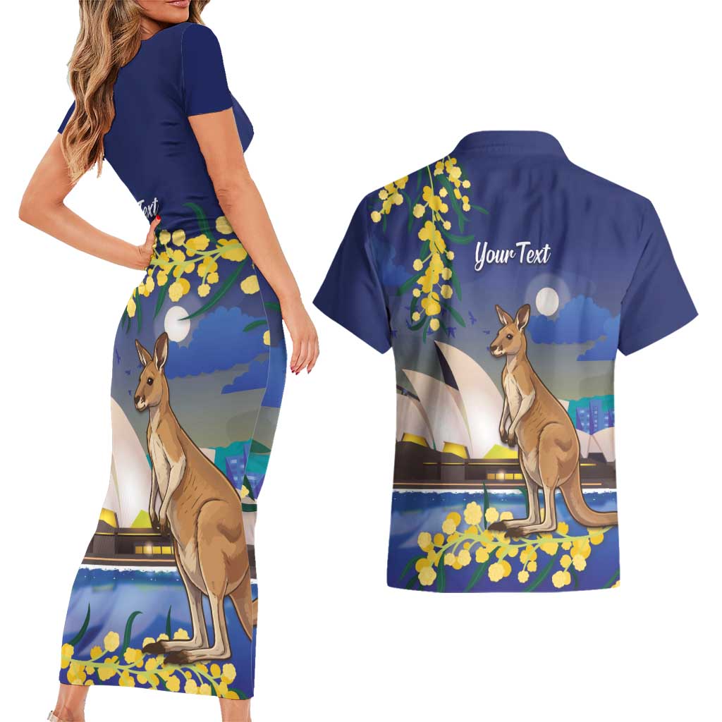 Kangaroo Australia Personalised Couples Matching Short Sleeve Bodycon Dress and Hawaiian Shirt Aussie Pride Golden Wattle Sydney Opera House