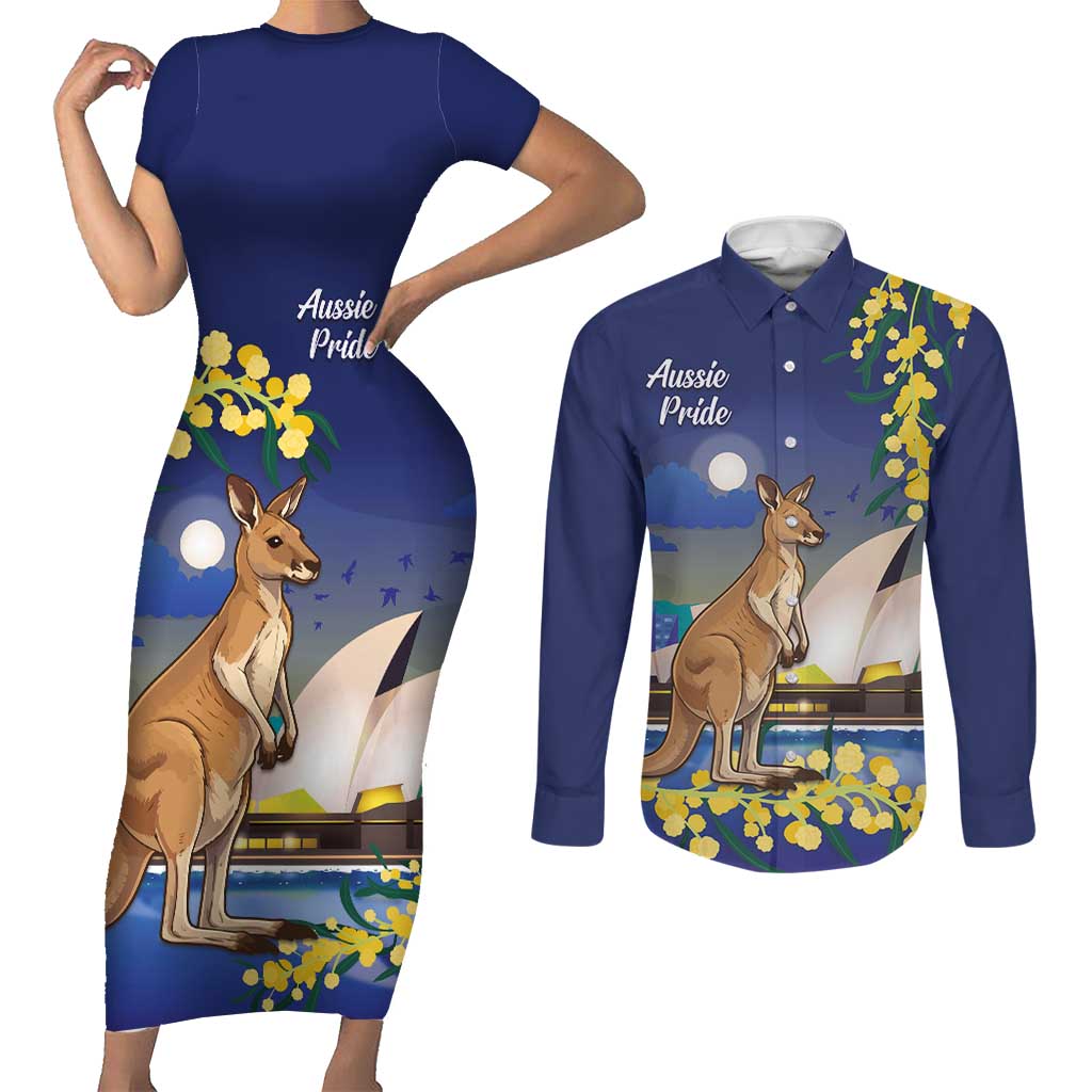 Kangaroo Australia Personalised Couples Matching Short Sleeve Bodycon Dress and Long Sleeve Button Shirt Aussie Pride Golden Wattle Sydney Opera House