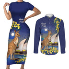 Kangaroo Australia Personalised Couples Matching Short Sleeve Bodycon Dress and Long Sleeve Button Shirt Aussie Pride Golden Wattle Sydney Opera House