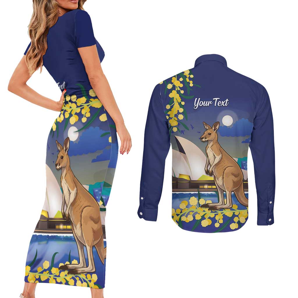 Kangaroo Australia Personalised Couples Matching Short Sleeve Bodycon Dress and Long Sleeve Button Shirt Aussie Pride Golden Wattle Sydney Opera House