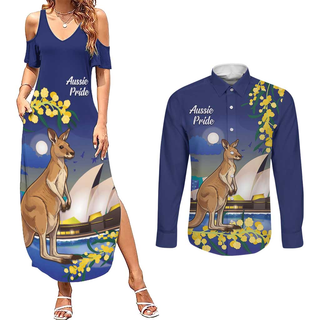 Kangaroo Australia Personalised Couples Matching Summer Maxi Dress and Long Sleeve Button Shirt Aussie Pride Golden Wattle Sydney Opera House