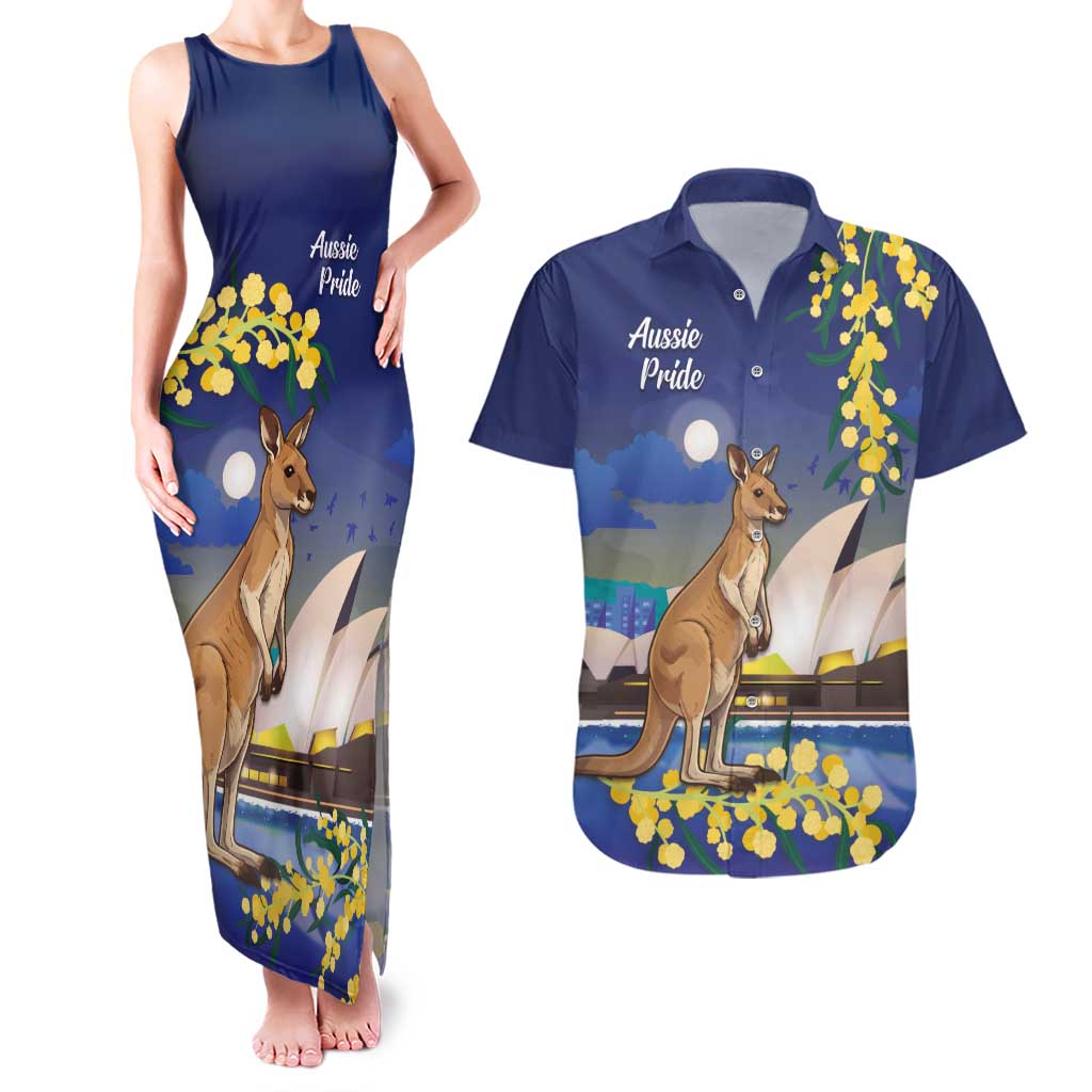 Kangaroo Australia Personalised Couples Matching Tank Maxi Dress and Hawaiian Shirt Aussie Pride Golden Wattle Sydney Opera House