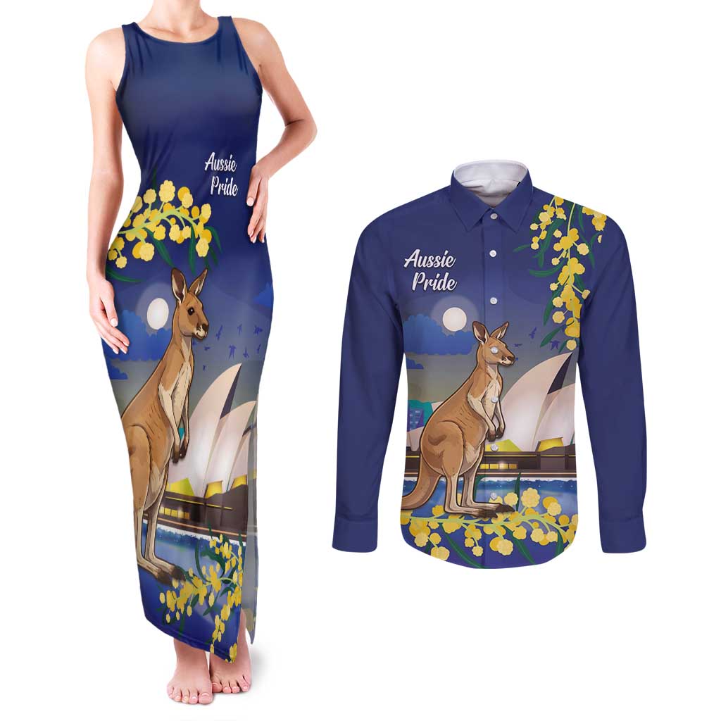 Kangaroo Australia Personalised Couples Matching Tank Maxi Dress and Long Sleeve Button Shirt Aussie Pride Golden Wattle Sydney Opera House