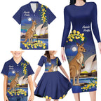 Kangaroo Australia Personalised Family Matching Long Sleeve Bodycon Dress and Hawaiian Shirt Aussie Pride Golden Wattle Sydney Opera House