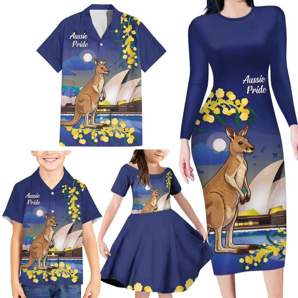 Kangaroo Australia Personalised Family Matching Long Sleeve Bodycon Dress and Hawaiian Shirt Aussie Pride Golden Wattle Sydney Opera House
