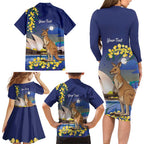 Kangaroo Australia Personalised Family Matching Long Sleeve Bodycon Dress and Hawaiian Shirt Aussie Pride Golden Wattle Sydney Opera House