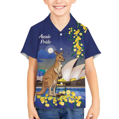 Kangaroo Australia Personalised Family Matching Long Sleeve Bodycon Dress and Hawaiian Shirt Aussie Pride Golden Wattle Sydney Opera House