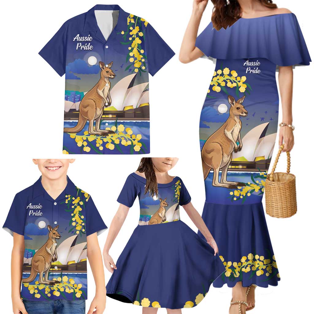 Kangaroo Australia Personalised Family Matching Mermaid Dress and Hawaiian Shirt Aussie Pride Golden Wattle Sydney Opera House