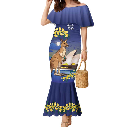 Kangaroo Australia Personalised Family Matching Mermaid Dress and Hawaiian Shirt Aussie Pride Golden Wattle Sydney Opera House