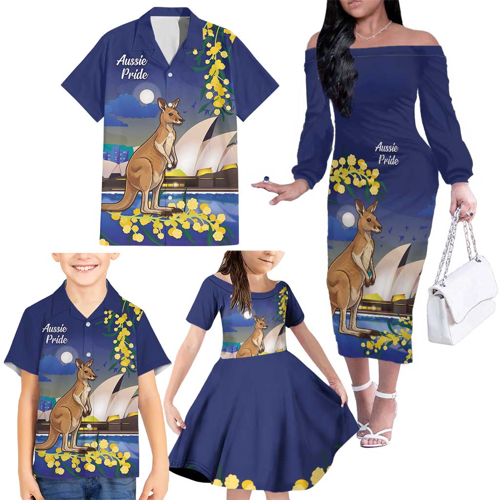 Kangaroo Australia Personalised Family Matching Off The Shoulder Long Sleeve Dress and Hawaiian Shirt Aussie Pride Golden Wattle Sydney Opera House