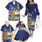Kangaroo Australia Personalised Family Matching Off The Shoulder Long Sleeve Dress and Hawaiian Shirt Aussie Pride Golden Wattle Sydney Opera House