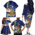 Kangaroo Australia Personalised Family Matching Off The Shoulder Long Sleeve Dress and Hawaiian Shirt Aussie Pride Golden Wattle Sydney Opera House