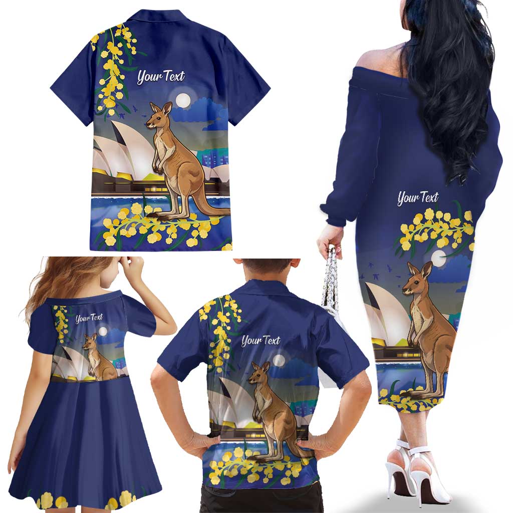 Kangaroo Australia Personalised Family Matching Off The Shoulder Long Sleeve Dress and Hawaiian Shirt Aussie Pride Golden Wattle Sydney Opera House