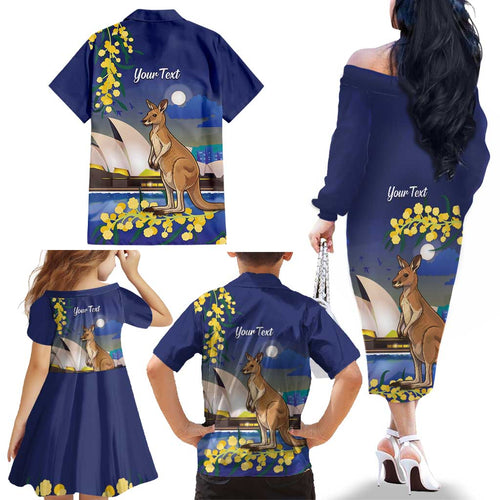 Kangaroo Australia Personalised Family Matching Off The Shoulder Long Sleeve Dress and Hawaiian Shirt Aussie Pride Golden Wattle Sydney Opera House