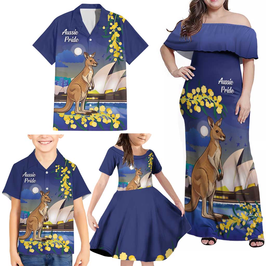 Kangaroo Australia Personalised Family Matching Off Shoulder Maxi Dress and Hawaiian Shirt Aussie Pride Golden Wattle Sydney Opera House