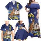 Kangaroo Australia Personalised Family Matching Off Shoulder Maxi Dress and Hawaiian Shirt Aussie Pride Golden Wattle Sydney Opera House