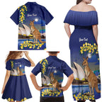Kangaroo Australia Personalised Family Matching Off Shoulder Maxi Dress and Hawaiian Shirt Aussie Pride Golden Wattle Sydney Opera House