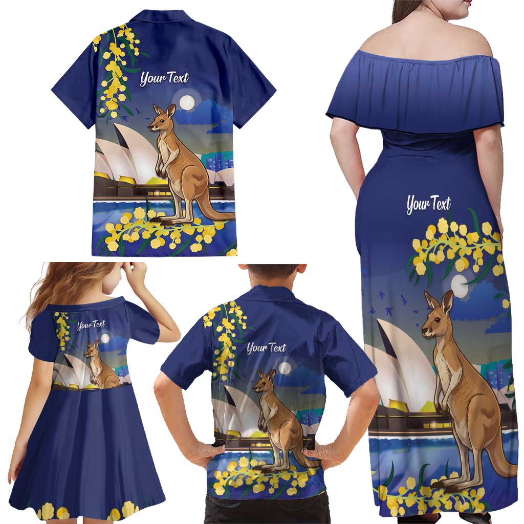 Kangaroo Australia Personalised Family Matching Off Shoulder Maxi Dress and Hawaiian Shirt Aussie Pride Golden Wattle Sydney Opera House
