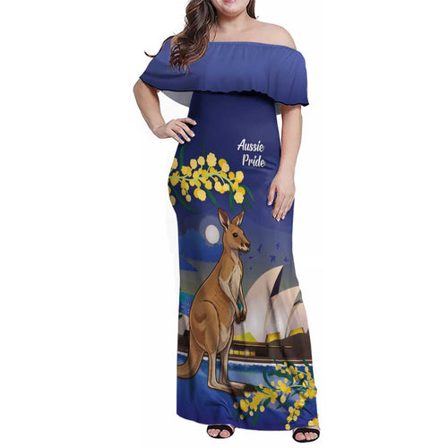 Kangaroo Australia Personalised Family Matching Off Shoulder Maxi Dress and Hawaiian Shirt Aussie Pride Golden Wattle Sydney Opera House