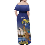 Kangaroo Australia Personalised Family Matching Off Shoulder Maxi Dress and Hawaiian Shirt Aussie Pride Golden Wattle Sydney Opera House